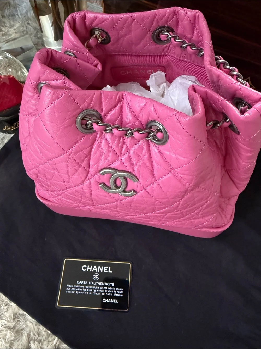 CHANEL Hot Pink Quilted Leather Drawstring Bucket Bag